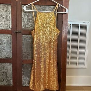 NWT XS Lulus Gold Sequin Stretch Mini Lined Dress Holiday Party Dressy Cocktail